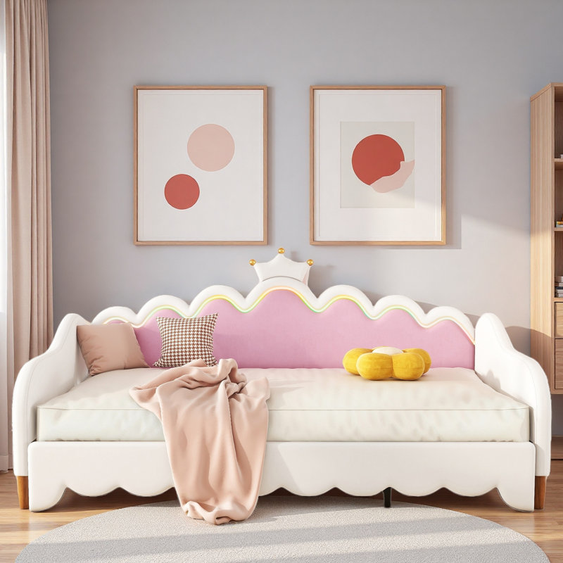 Extending Upholstered Daybed With Led Lights And Crown Headboard, White