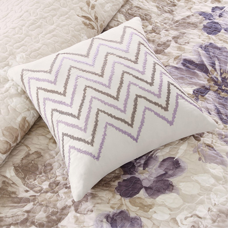 Taupe 6 Piece Printed Quilt Set with Decorative Throw Pillows, Full Size, Full Quilt + 5 Additional Pieces
