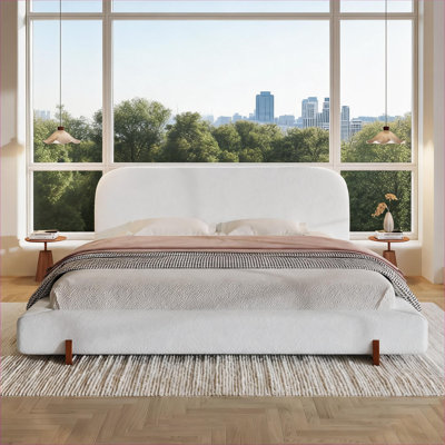 California King Upholstered Bed Frame, Minimalist Elegant Style with Solid Rubber Wood Legs, Classic White Fabric Upholstery