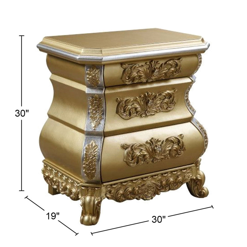 Chambre à coucher avec table de chevet 3 tiroirs dorée, feutrée pour un aspect élégant, avec tiroir