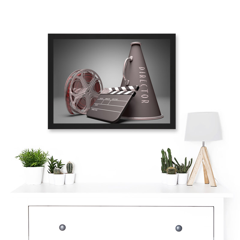 Film Director Equipment Clapperboard Reel Megaphone 1 Piece Single Picture Frame Wall Art, 13''W x 17.9''H