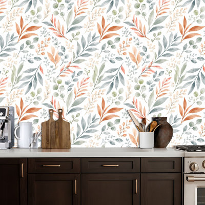 Papier peint auto-adhésif à motif de feuilles Boho Floral Feuilles botaniques Branches d'eucalyptus Grappes de baies Papier de contact amovible auto-adhésif Décoration murale pour armoires de cuisine de chambre à coucher 24 po x 118 po