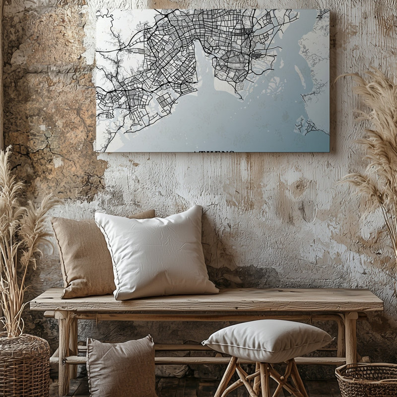 Toile, art mural de la carte d'Athènes en Grèce méticuleusement fabriquée en noir et blanc, H 20 po x l 20 po