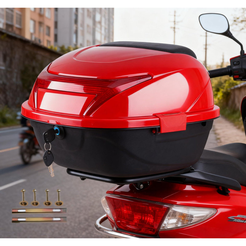 32L Motorcycle Top Box Hard Trunk Case w/ Lock - Waterproof Rear Luggage Storage for Helmet & Gear - Global Fit for Motorcycle/Scooter/Moped