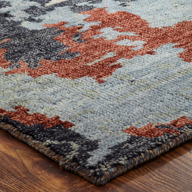 Wool Abstract Area Rug in Blue/Brown/Red, Rectangle 4' x 6'