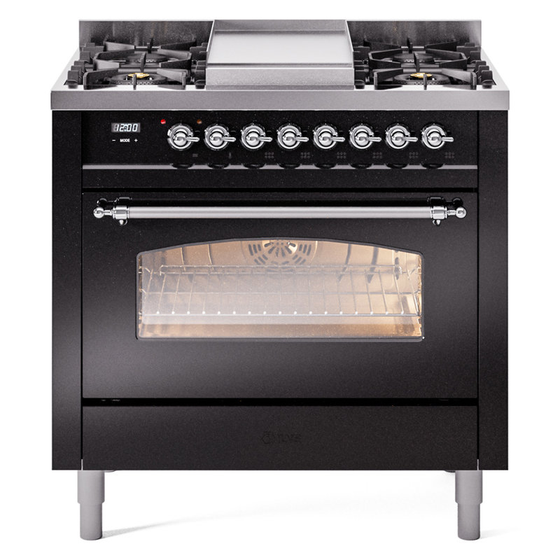 ILVE Nostalgie II Series 36 inch Dual Fuel Range with 6 Burners, Griddle (Glass Door), Glossy Black/Chrome, Natural Gas
