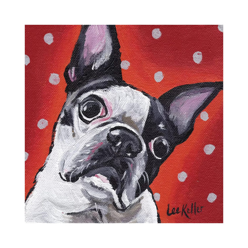 Boston Terrier On Polka Dots by Hippie Hound Studios - Wrapped Canvas Print, 30.48 cm H x 30.48 cm W