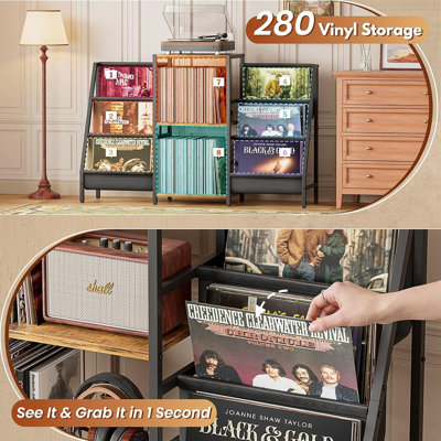 Support pour platine vinyle avec rangement pour disques, table en platine avec étagère d'exposition, peut contenir jusqu'à 280 albums.