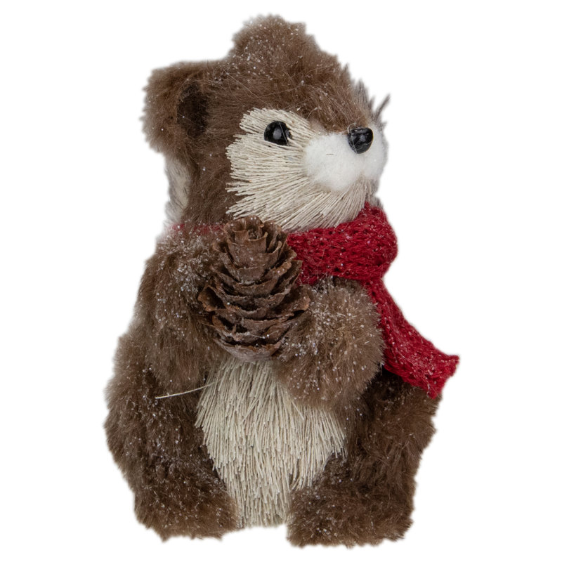 Figurine de Noël écureuil debout 6 "avec pomme de pin et écharpe rouge