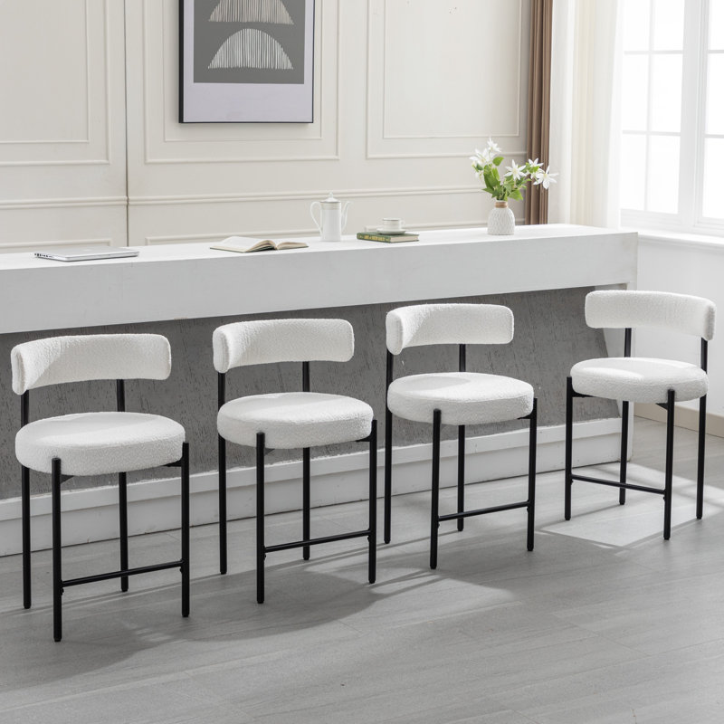 24'' White Bouclé Upholstered Counter Stools with Metal Frame, Set of 4