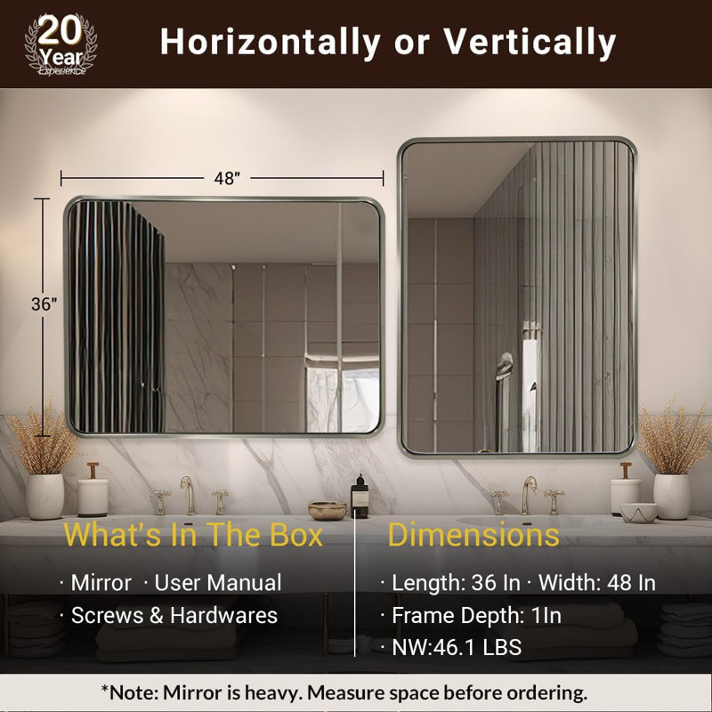 Contemporary Rectangle Bathroom Vanity Mirror | Stainless Steel Thick Frame, Brushed Nickel, 48" x 36"