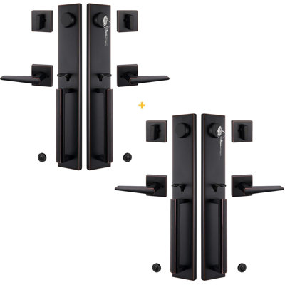 2 Pack to be Keyed Alike Traditional Keyed & Dummy Entry Handlesets for Double Front Doors with Same Culinders and Same Keys in Aged Bronze(2 PC Keyed and Dummy)