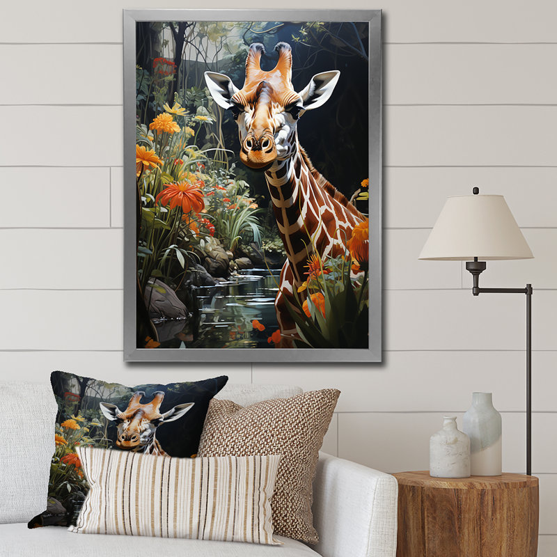 Girafe élégante girafe pastorale I - animaux, art mural salon, H 32 po x l 24 po x P 1 po, Cadre photo argenté