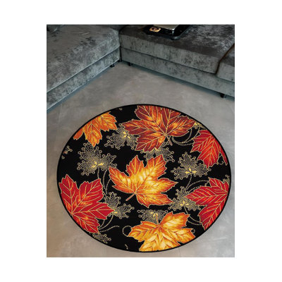 Round Black Autumn Leaf Detailed Woven Base Modern Decorative Machine Washable Rug