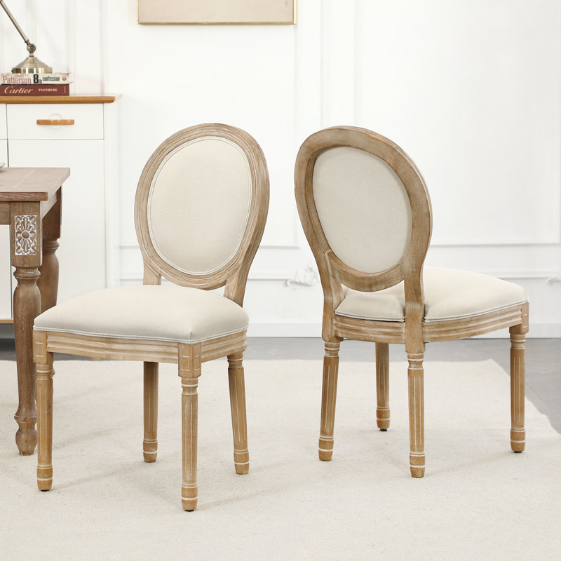 Chaise de salle à manger rembourrée en bois massif à dossier très Louis H 20 po Amando, Lin beige