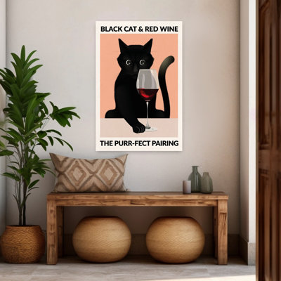 Black Cat Red Wine Classic Elegant Minimalist Cat Wall Art Print