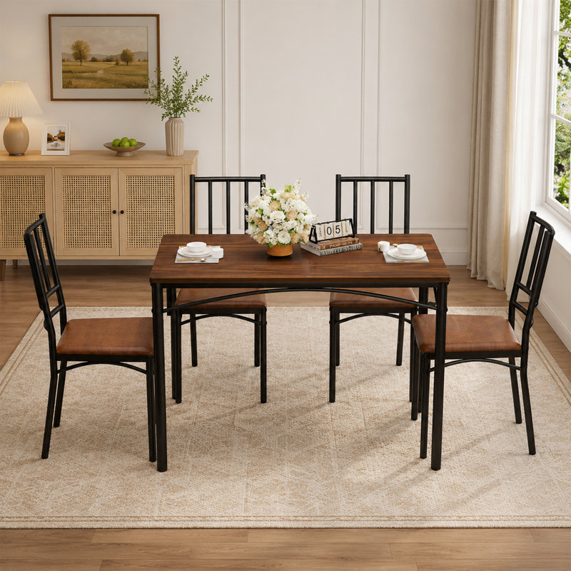 Kaelvora Dining Table Set with PU Upholstered Chairs and Metal Frame, Dark Brown/Black