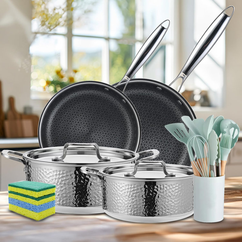 Ensemble de batterie de cuisine en acier inoxydable à trois couches Vivicreat, casseroles et poêles martelées avec 2 poêles à frire antiadhésives et 2 casseroles avec couvercles, 304 intérieur, compatible avec l'induction