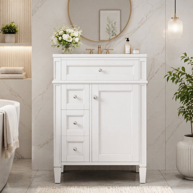 Meuble-lavabo 24 po avec lavabo supérieur, meuble-lavabo moderne avec 2 tiroirs et un tiroir basculant, meuble-lavabo simple