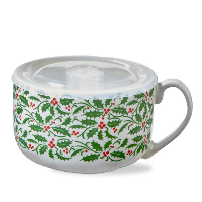 Christmastime Soup Mug With Lid White Bone China Christmas 21 Oz