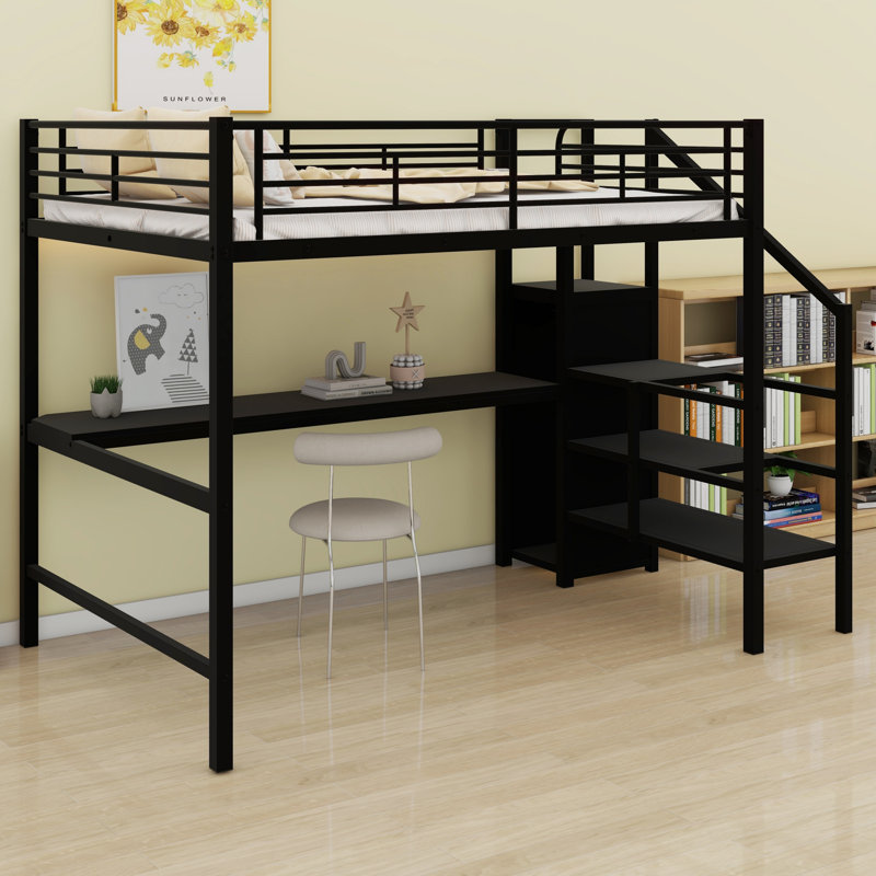 Lit mezzanine multifonctionnel en métal avec bureau, escalier de rangement, mini garde-robe et lumières DEL
