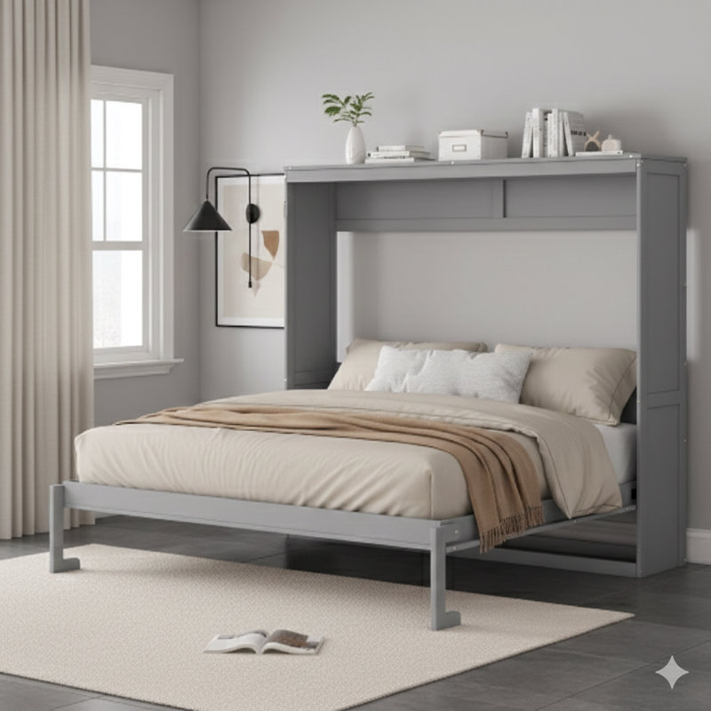 Grand lit escamotable mural gris.