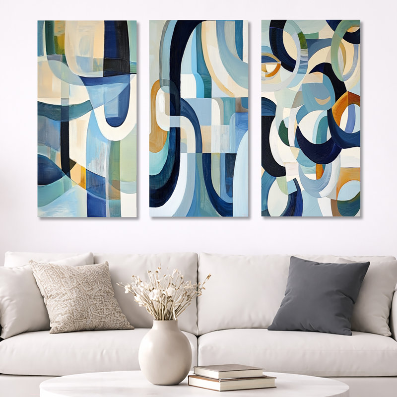 «Cubist White Blue Reality II», ensemble de 3 reproductions de toiles abstraites encadrées géométriques, 32" H x 48" W