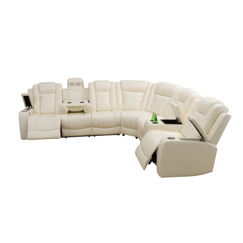 Canapé modulaire inclinable électrique 3 pièces avec lumières DEL et recharge sans fil, Blanc cassé / blanc