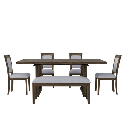 Ensemble de 6 tables de salle à manger extensibles à tréteaux de 76,9 pouces avec rallonge amovible, ensemble de table de cuisine avec chaise d'appoint rembourrée et banc