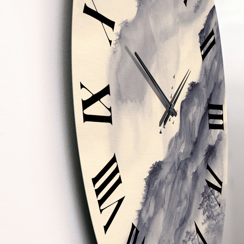 Montagnes asiatiques grises avec oiseaux - horloge murale moderne, Petit