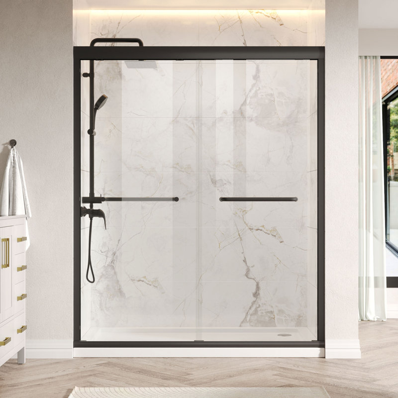 60-Inch Matte Black Aluminum Double Sliding Shower Door with Clear Glass