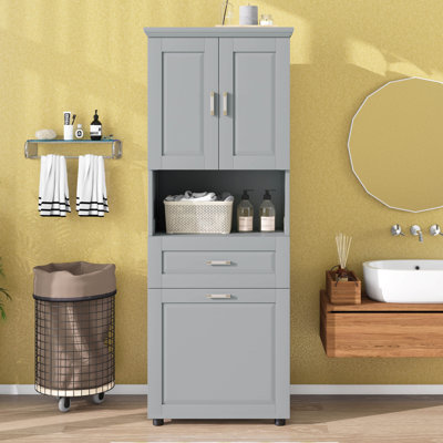 Grande armoire de salle de bain avec panier à linge inclinable et rangement supérieur, armoire de rangement avec deux portes, tablette réglable et tiroir
