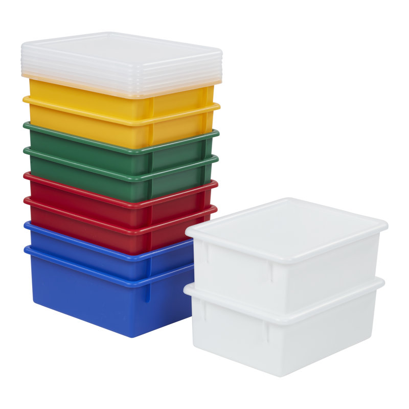 ECR4Kids Letter Size Plastic Tray Organizer with Lids, Large, Storage Bins, 10-Piece, Assorted, 13.75" L x 10.75" W x 5.5" H