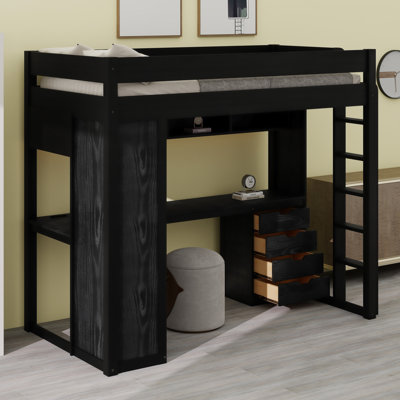 Lit mezzanine peu encombrant, bureau fonctionnel en L, tiroirs et tablettes ouvertes