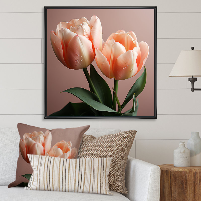 «Soft Neutral Tones Tulips Tranquility II», reproduction d'art sur toile, Cadre flottant noir, H 24 po x l 24 po x P 1 po