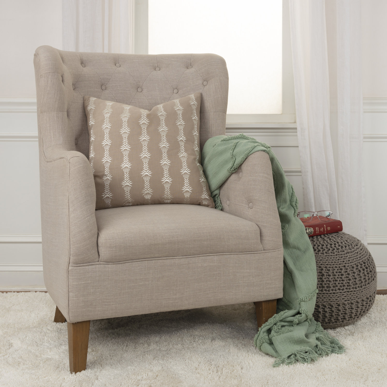 Tasha 20" x 20" Embroidered Throw Pillow, Taupe