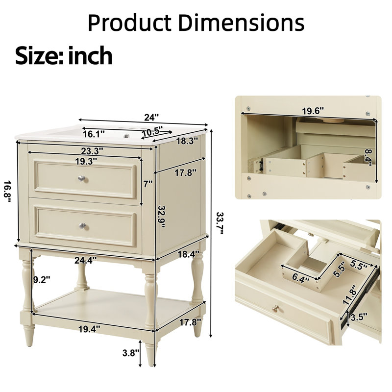 Meuble-lavabo 24 po Retro Design - Lavabo en céramique avec tablette ouverte et 2 tiroirs, style rétro Palace, Beige