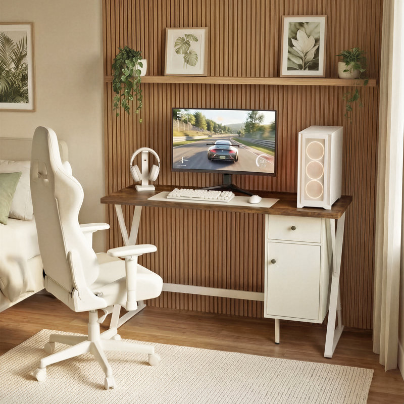 Bureau de direction de 47,24 po avec tiroir et armoire, bureau à domicile avec base en métal pour bureau à domicile, chambre à coucher