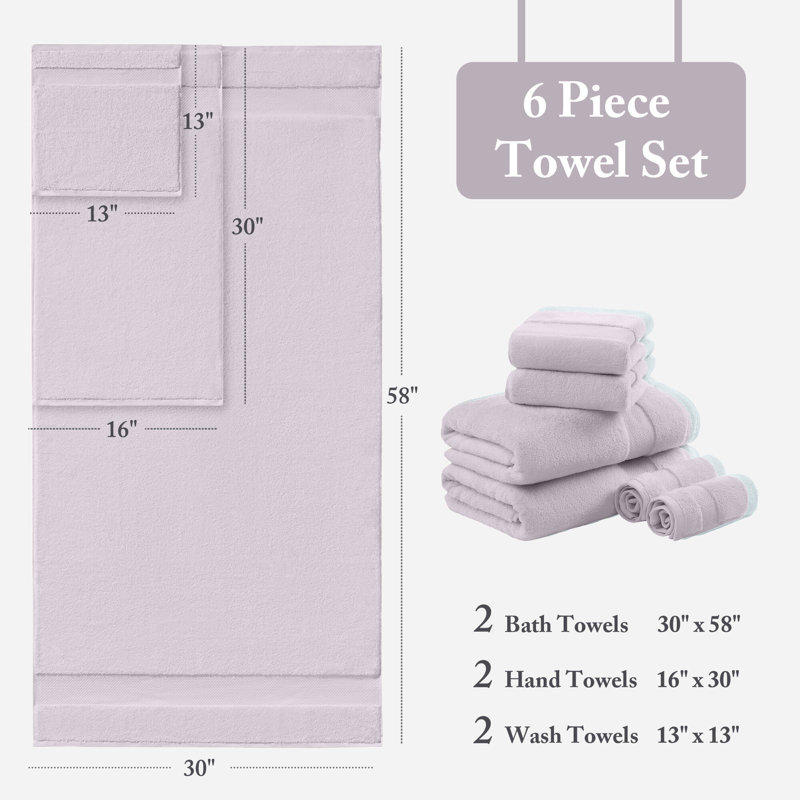 Turkish 100% Cotton Oversized Quick Dry Highly Absorbent Towel Set, Lavender, 6 Piece Towel Set