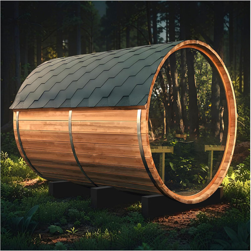 Outdoor Panoramic Glass Barrel Sauna, Red Cedar Traditional Steam Sauna Room with 6KW ETL TOULE Heater, 220V, Rocks, Water Bucket, Ladle, 8mm Tempered Glass, Bitumen Roof, Front Porch, 6-8 People Use