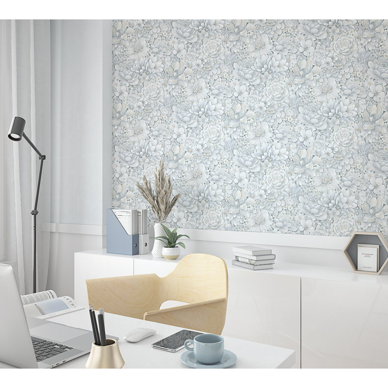 Eden Floral Texture 33' L X 21" W Wallpaper Roll, Blue/Grey