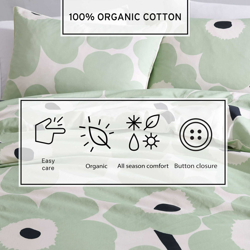 Unikko Orange/Green/White Organic Cotton Duvet Cover Set, Queen Duvet Cover + 2 Standard Shams, Green/Black/White