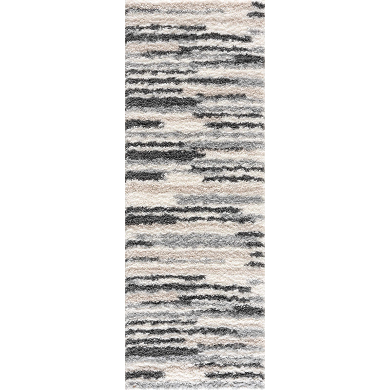Tapis gris / beige / crème à poils longs Zoya, Tapis de couloir 2 pi 7 po x 7 pi 3 po