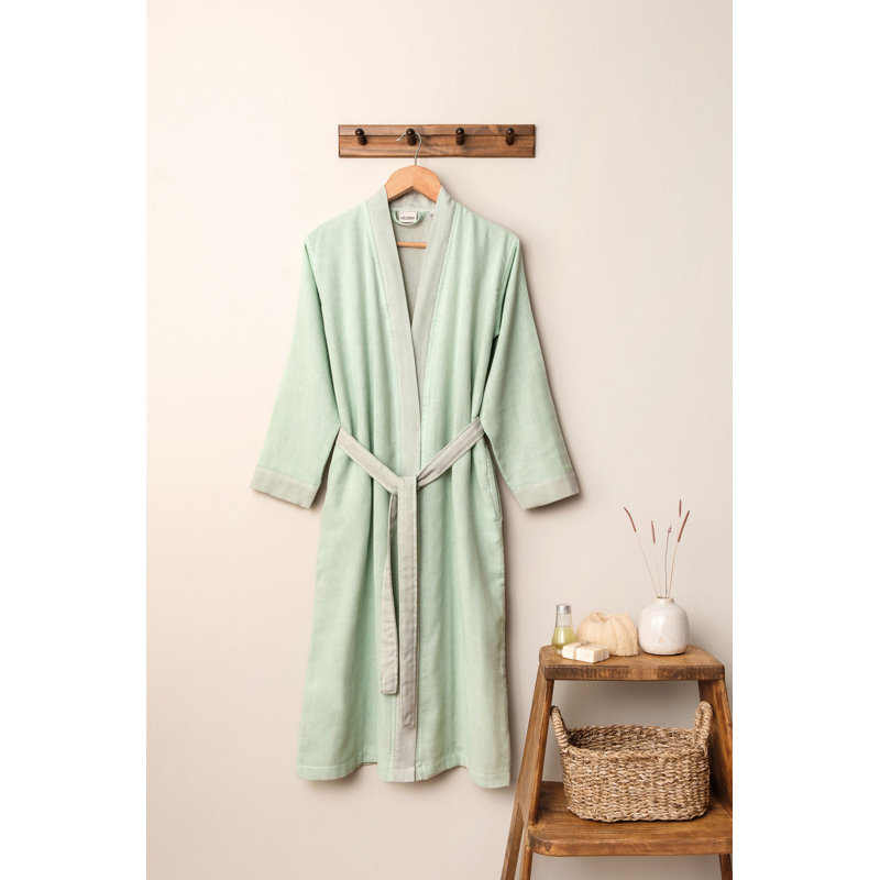 Peignoir 100% coton mi-mollet avec poches, G / TG, Menthe