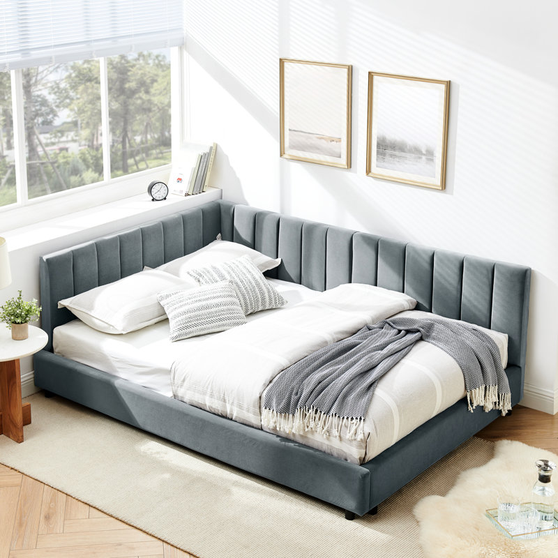 Mid-Century Style Full Bed, Gray Velvet Upholstered With And For Bedroom/Living Room Daybed Frame, Stable Construction Comfortable /
