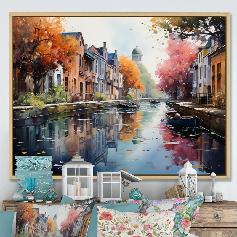 Pointillisme du canal rose vibrant - impression, H 24 po x l 32 po x P 1 po, Cadre naturel flottant