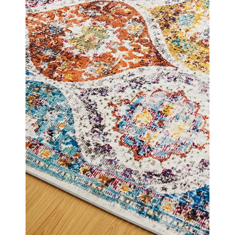 Tapis rectangulaire bleu / rouge / orange en polyester lavable à la machine Maevyn, Rectangle 6 pi 7 po x 9 pi
