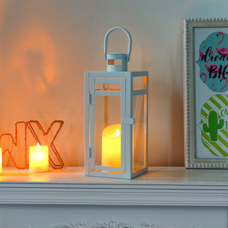 Lanterne décorative en métal avec verre trempé de 12 po de haut, Blanc