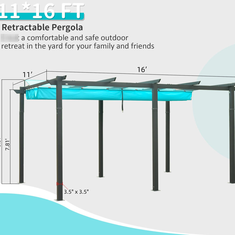 Pergola rétractable bleu lac 11 x 16 pi. Fabrication robuste en aluminium. Auvent de feu. Pare-soleil réglable. Assemblage facile. Multi pour cour, pelouse, piscine. Pergola avec housse de protection contre les intempéries. Cadre. Auvent