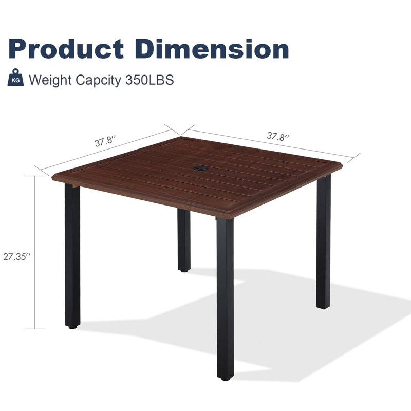 Hashim Square Metal Outdoor Dining Table With Umbrella Hole , 37.8'' in. W 37.8'' in. D, Walnut